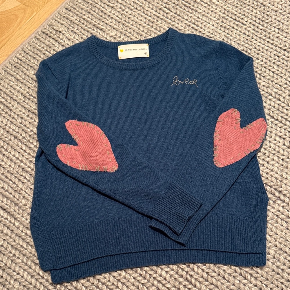 Kerri Rosenthal Blue Cashmere Sweater with Pink Heart Patch Elbow Details